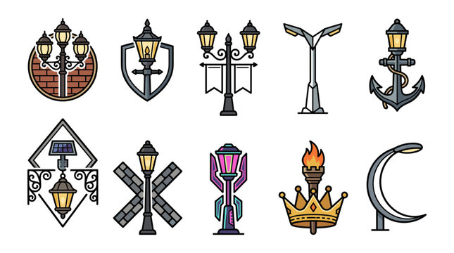 Lamp Posts and Medieval Symbols Vector Icons in Various Decorative Styles and Shapes for Design Elements