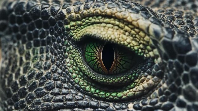 Closeup of a reptiles eye with green iris and black scales