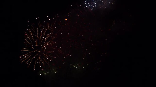 TOKYO, JAPAN - 28 JULY 2026 : Rear view of people silhouette watching fireworks show at night. Japanese romantic summer scene concept video. Slow motion shot.