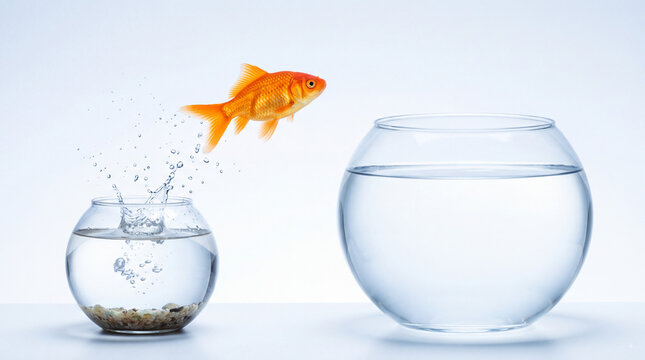 A golden fish jumping out of a small glass bowl and flying towards a much larger empty fishbowl with water splashes in the air on a clean white background