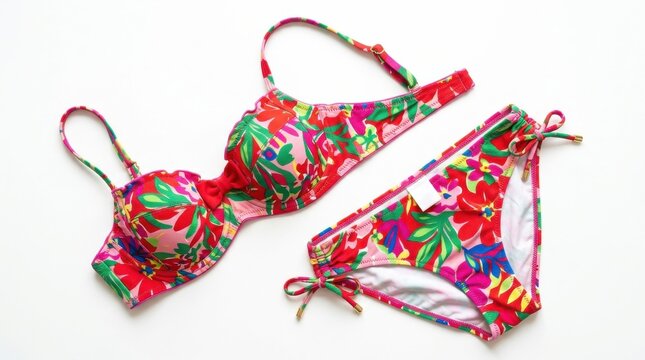 Vibrant floral bikini set with red accents and tie details on white background