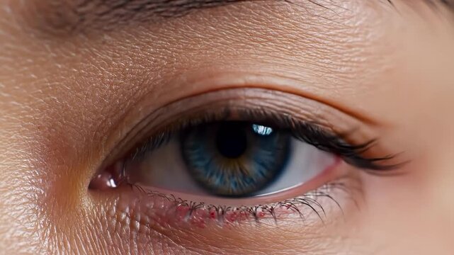 Closeup of a human eye with blue iris and detailed eyelashes