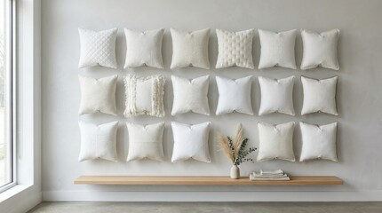 Naklejka premium Collection of textured white throw pillows displayed on a minimalist wall