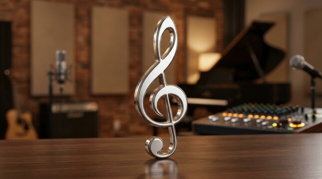 Shiny treble clef ornament on a wooden desk in a recording studio