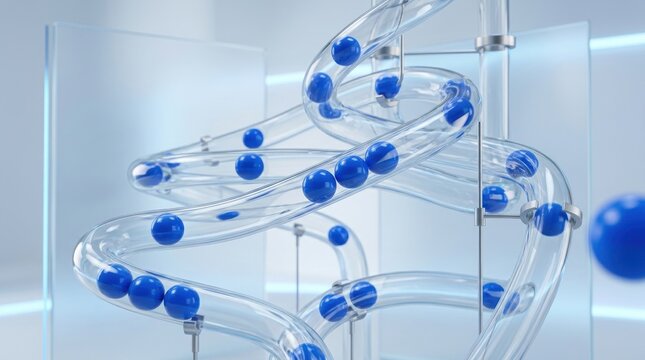 Blue spheres rolling through transparent tubes in a modern abstract setting