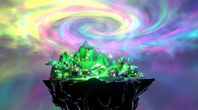 Floating fantasy village nestled on a rocky island under a swirling rainbow sky