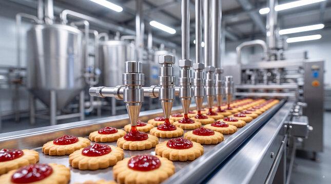Automated food production line in a modern factory where a machine precision deposits red fruit jam onto round biscuits on a moving conveyor belt system