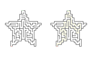 Obraz premium Five-point star maze puzzle with single solution path isolated on white background printable educational activity for kids logic game