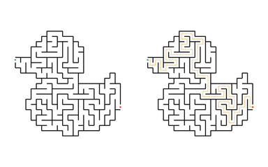 Obraz premium Duck shaped maze puzzle with winding labyrinth path from entrance to exit isolated on white background educational game for children printable activity