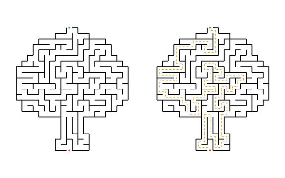 Tree shaped maze puzzle with solution for children printable educational worksheet developing logical thinking problem solving and concentration