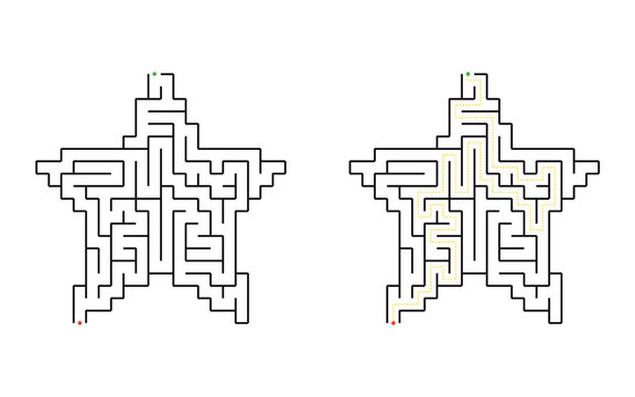 Five-point star maze puzzle with single solution path isolated on white background printable educational activity for kids logic game