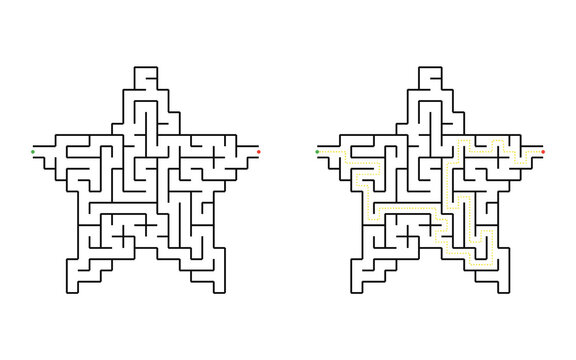 Star shaped maze puzzle with winding labyrinth path from entrance to exit isolated on white background educational game for children printable activity