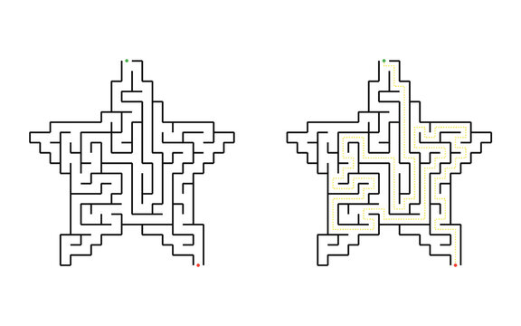 Star shaped maze puzzle with winding labyrinth path from entrance to exit isolated on white background educational game for children printable activity