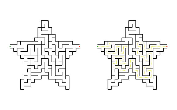 Star shaped maze puzzle with winding labyrinth path from entrance to exit isolated on white background educational game for children printable activity
