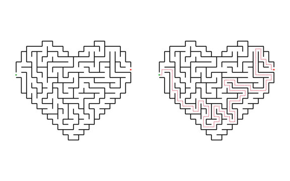 Heart shaped maze puzzle with winding labyrinth path from entrance to exit isolated on white background educational game for children printable activity
