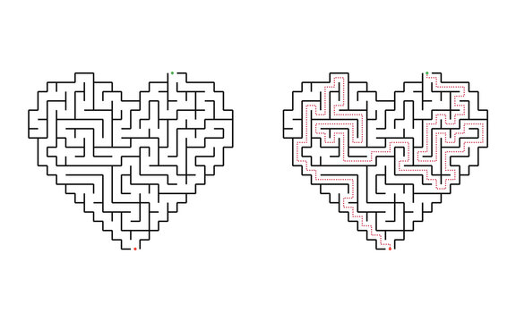 Heart shaped maze puzzle with winding labyrinth path from entrance to exit isolated on white background educational game for children printable activity