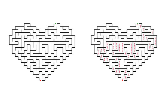 Heart shaped maze puzzle with winding labyrinth path from entrance to exit isolated on white background educational game for children printable activity