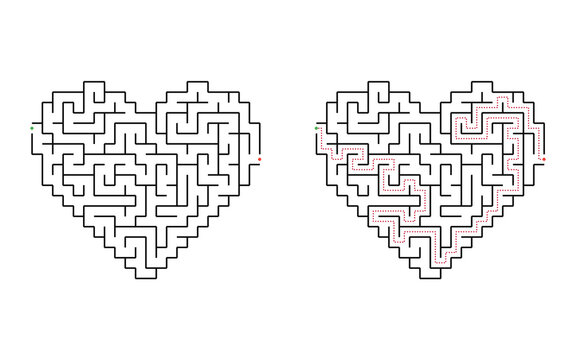 Heart shaped maze puzzle with winding labyrinth path from entrance to exit isolated on white background educational game for children printable activity