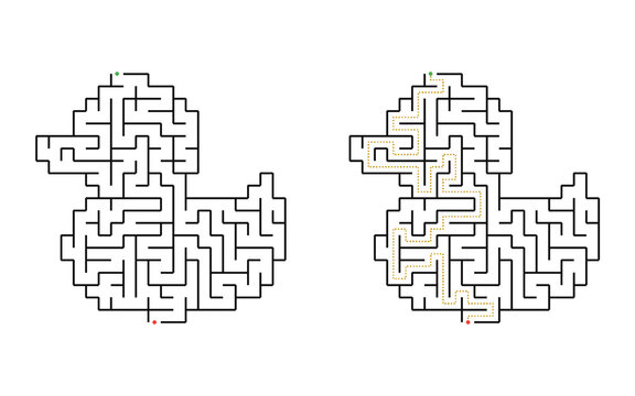 Duck shaped maze puzzle with winding labyrinth path from entrance to exit isolated on white background educational game for children printable activity