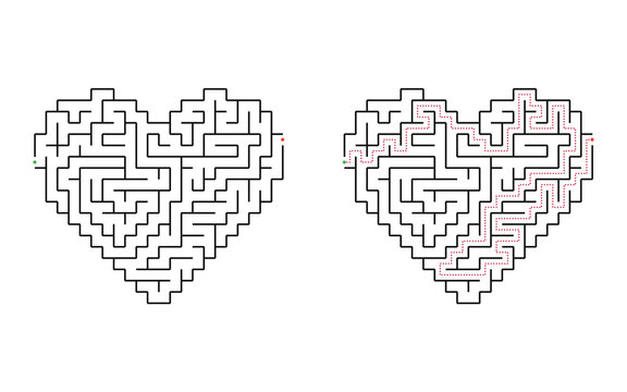 Heart shaped maze puzzle with winding labyrinth path from entrance to exit isolated on white background educational game for children printable activity
