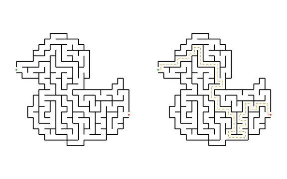 Duck shaped maze puzzle with winding labyrinth path from entrance to exit isolated on white background educational game for children printable activity