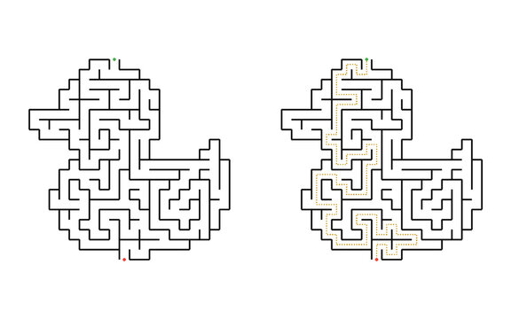 Duck shaped maze puzzle with winding labyrinth path from entrance to exit isolated on white background educational game for children printable activity