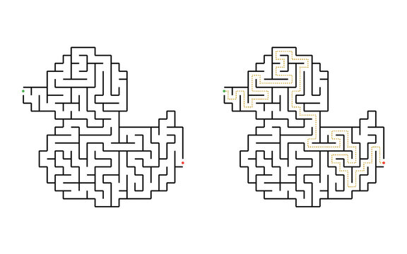 Duck shaped maze puzzle with winding labyrinth path from entrance to exit isolated on white background educational game for children printable activity