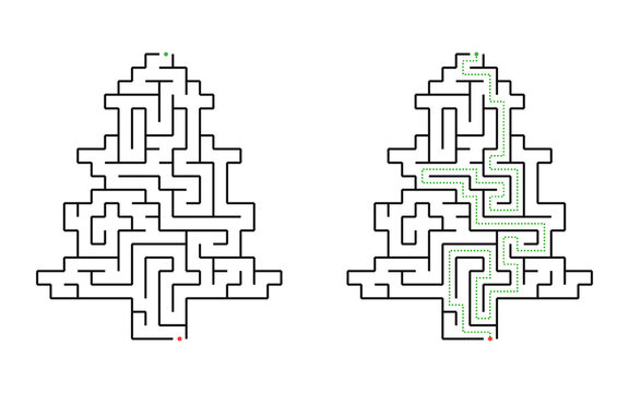 Easy christmas tree maze puzzle with solution for kids black and white printable educational game featuring a simple holiday labyrinth for early learning