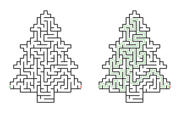 Hard christmas tree maze puzzle with solution for kids black and white printable educational game featuring a complex holiday labyrinth for advanced problem solving