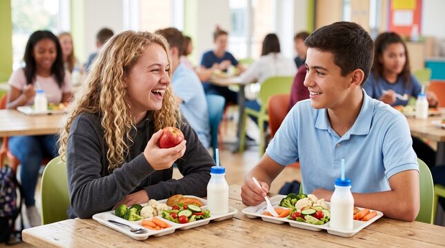Commercial lifestyle photography of teenage high school students eating a healthy lunch in a cafeteria &ndash; school nutrition program, healthy lifestyle, student wellness, back-to-school campaign, and edu