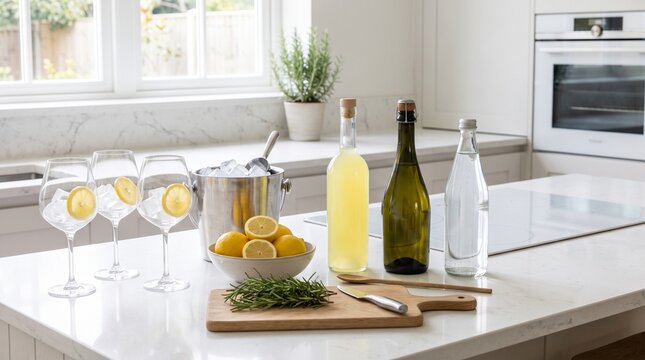 Ingredients for Limoncello Spritz Cocktail on Kitchen Counter