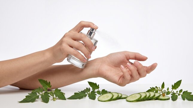 Woman Applying Botanical Perfume with Fresh Green Ingredients