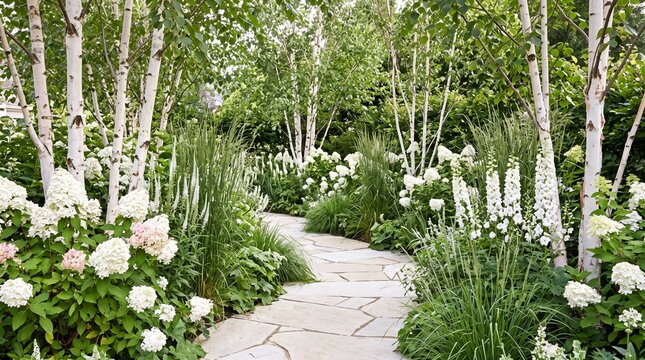 White Flower Garden with Curved Stone Path