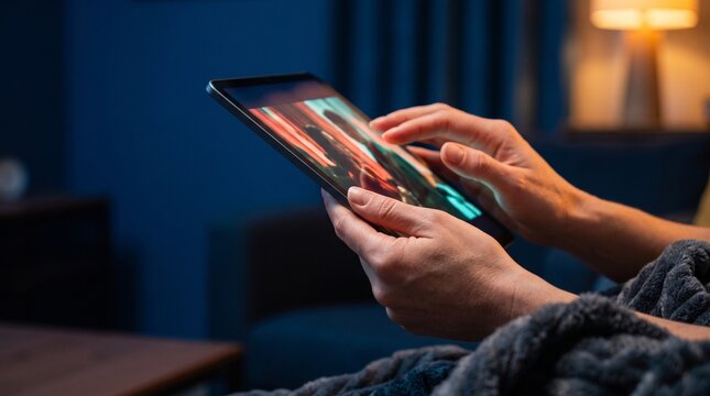 Woman Using Tablet at Home in the Evening
