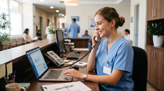 Friendly medical receptionist in scrubs coordinating patient schedules on a laptop while handling phone calls at the front desk of a modern clinic, representing healthcare administration and nursing.