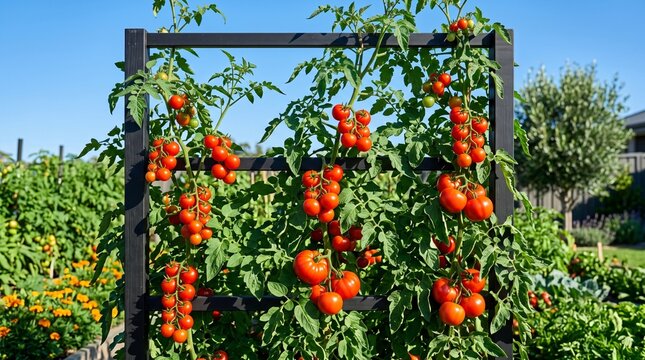 Ripe Tomatoes Growing on Trellis in Vegetable Garden