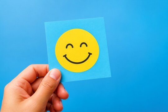 Hand holding smiley face note against blue background