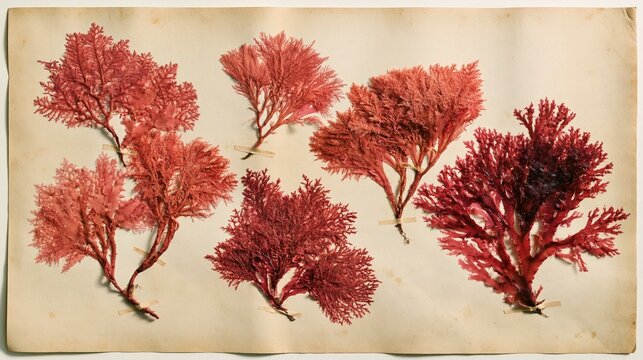 Pressed red seaweed algae specimens on antique herbarium paper sheet