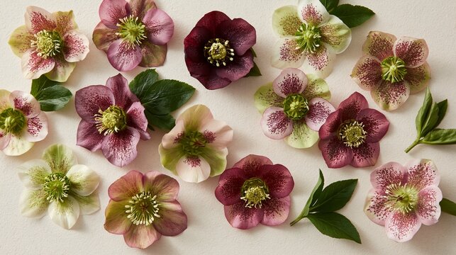 Hellebore flowers laid flat on cream, winter Christmas rose flat lay