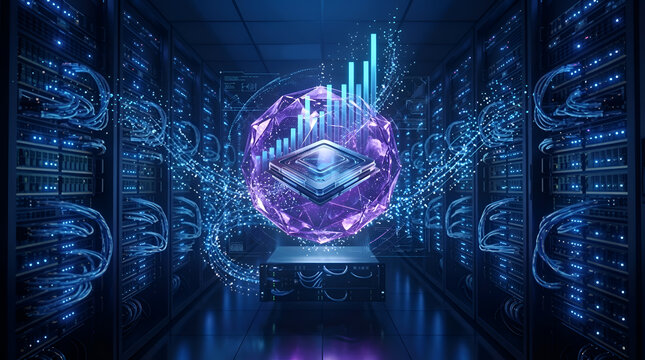 Futuristic data center with holographic technology Generative AI