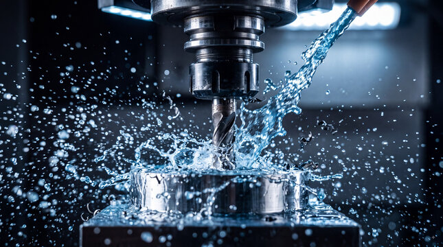 Close up of a metal milling machine drill bit working on a steel component with high pressure liquid coolant splashing during precision industrial machining process