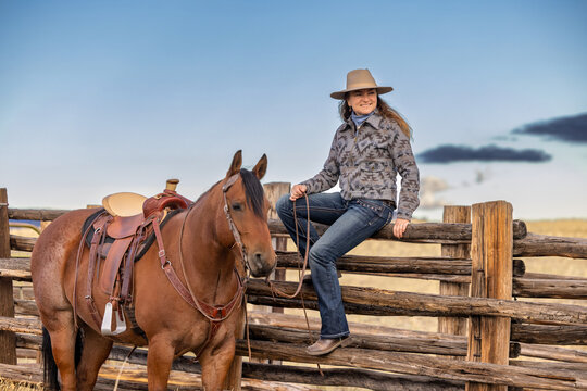 Wyoming Ranch Cowgirl with AQHA Quarter Horse 