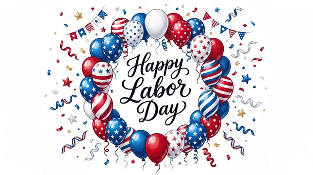 Festive watercolor wreath with balloons and confetti celebrating the american labor day holiday with elegant calligraphy
