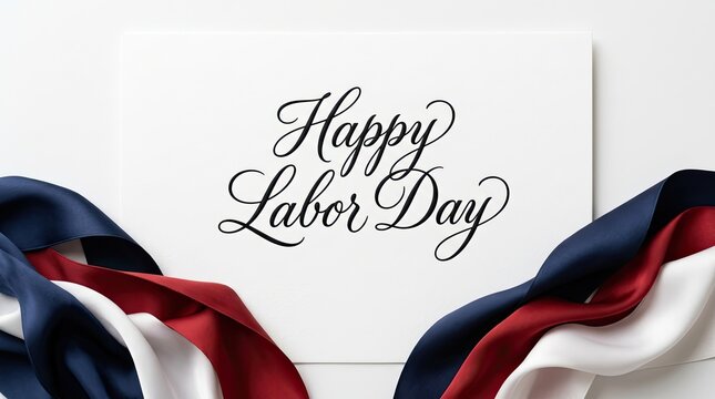 Elegant happy labor day greeting card with red white and blue fabric decorations on a white background