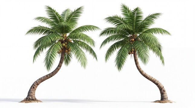 Two palm trees standing alone on a white background