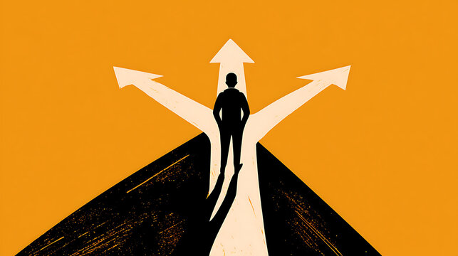 Which road to take. Illustration of a person standing at crossroads going in three different directions.
