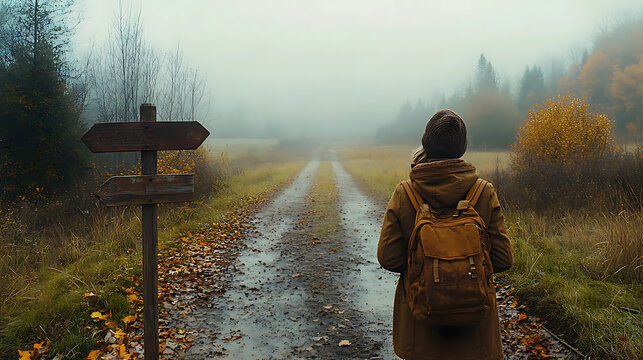 The person is shown from behind, wearing a casual coat and carrying a backpack, pausing thoughtfully as they contemplate which way to go.