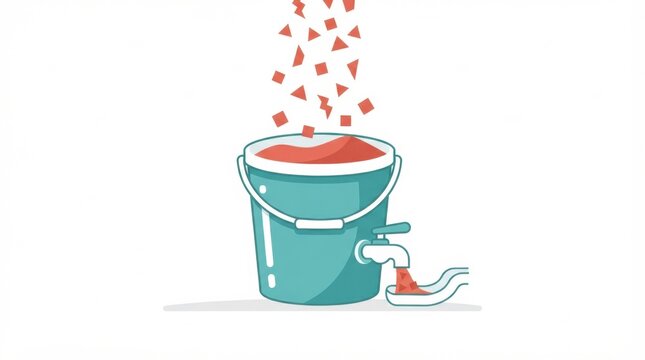 A bucket fills with colored shapes representing emotions and thoughts. This shows a method for managing stress and improving wellness.
