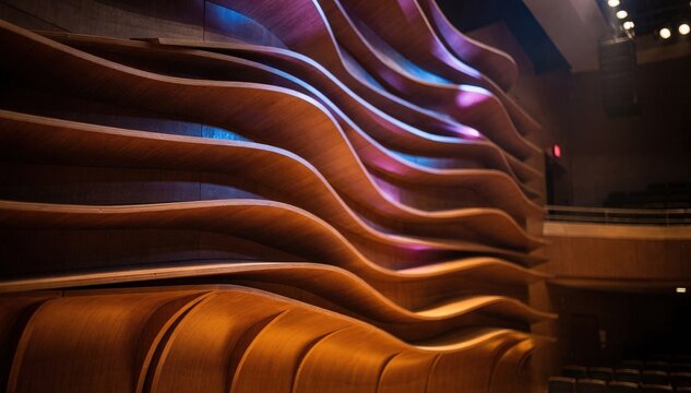 Focused medium shot on the undulating wooden acoustic baffles in a symphony hall as vivid colored lights create a moody atmosphere background softened.