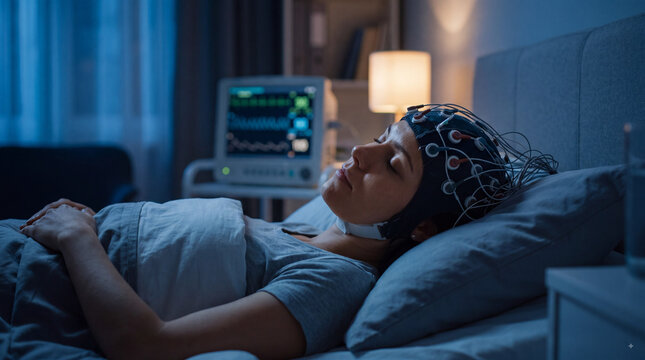 A woman sleeping in bed while wearing an electroencephalogram EEG cap connected to medical monitoring equipment for brain activity research or sleep study
